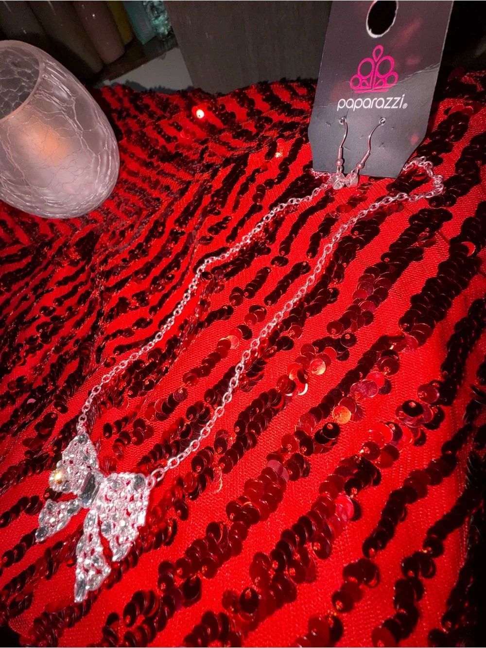 Crystal Bow Pendant Necklace - pink metal
